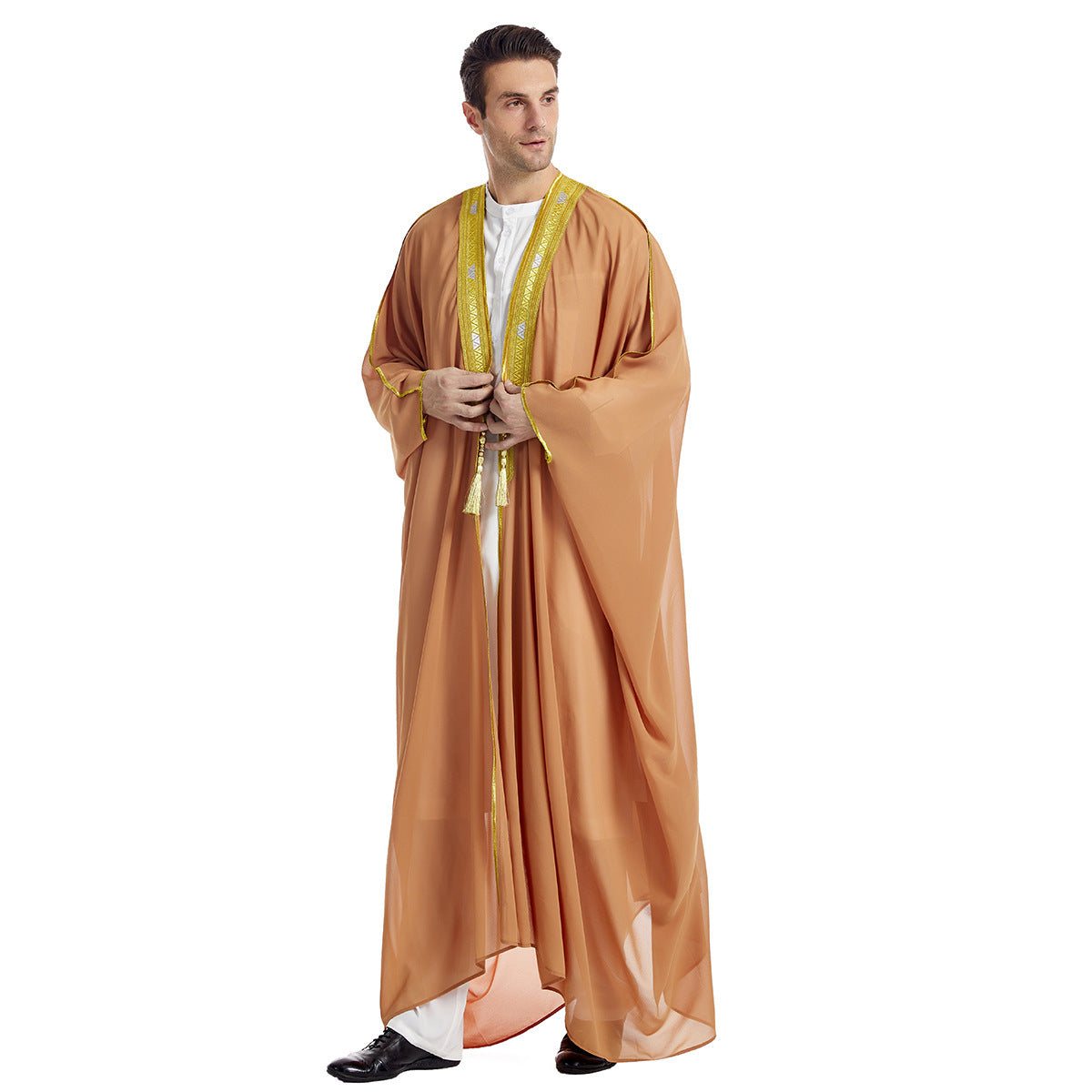 Men's Robe Arabic Embroidered Long Sleeve Tassel Golden Balls Chiffon Shawl