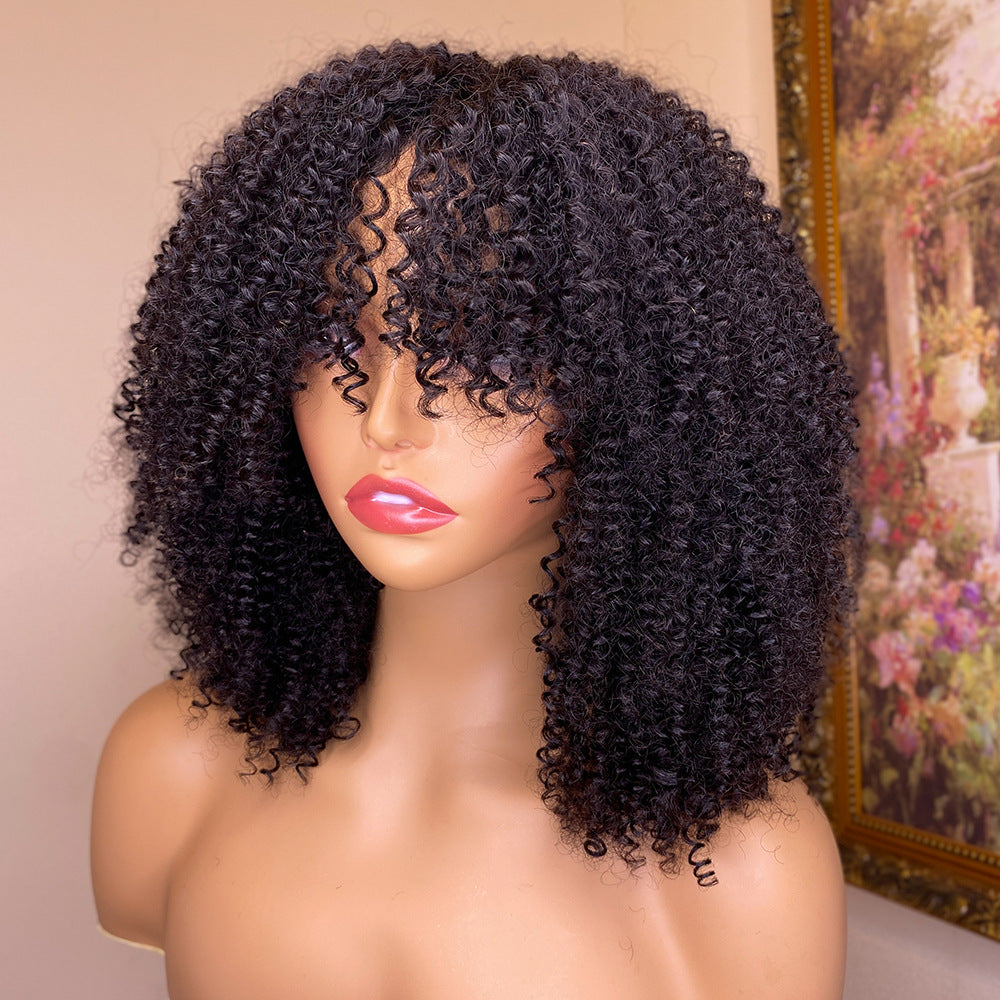 Kinky Curly Human Hair Wigs With Bangs - Balochistan LLC  Product information: Applicable crowd: women Treatment process: mechanism Color; 150%,180% Can I dye it: can I dye it Hair material: human hair Applicable skin color: any skin color Applicable face type: any face type Type of bangs: can be parallel or oblique Efficacy: hairdressing Cosmetic characteristics: hairdressing Wig length: 10inch, 12inch, 14inch, 16inch, 18inch, 20inch, 22inch, 24inch, 26inch, 28inch, 30inch Packing list: Wig head cover X1