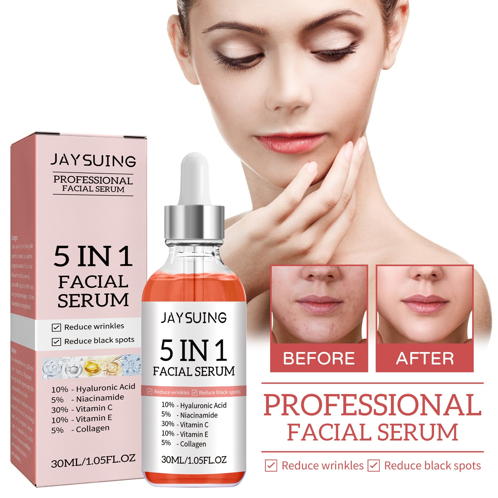 Moisturizing Skin Anti-wrinkle Firming Fade Spots 5-in-1 Facial - Balochistan LLC  Product information: Specification: Standard specifications Net content: 30ml Category: facial essence Packing list: Essence * 1 (30ml) Product Image: