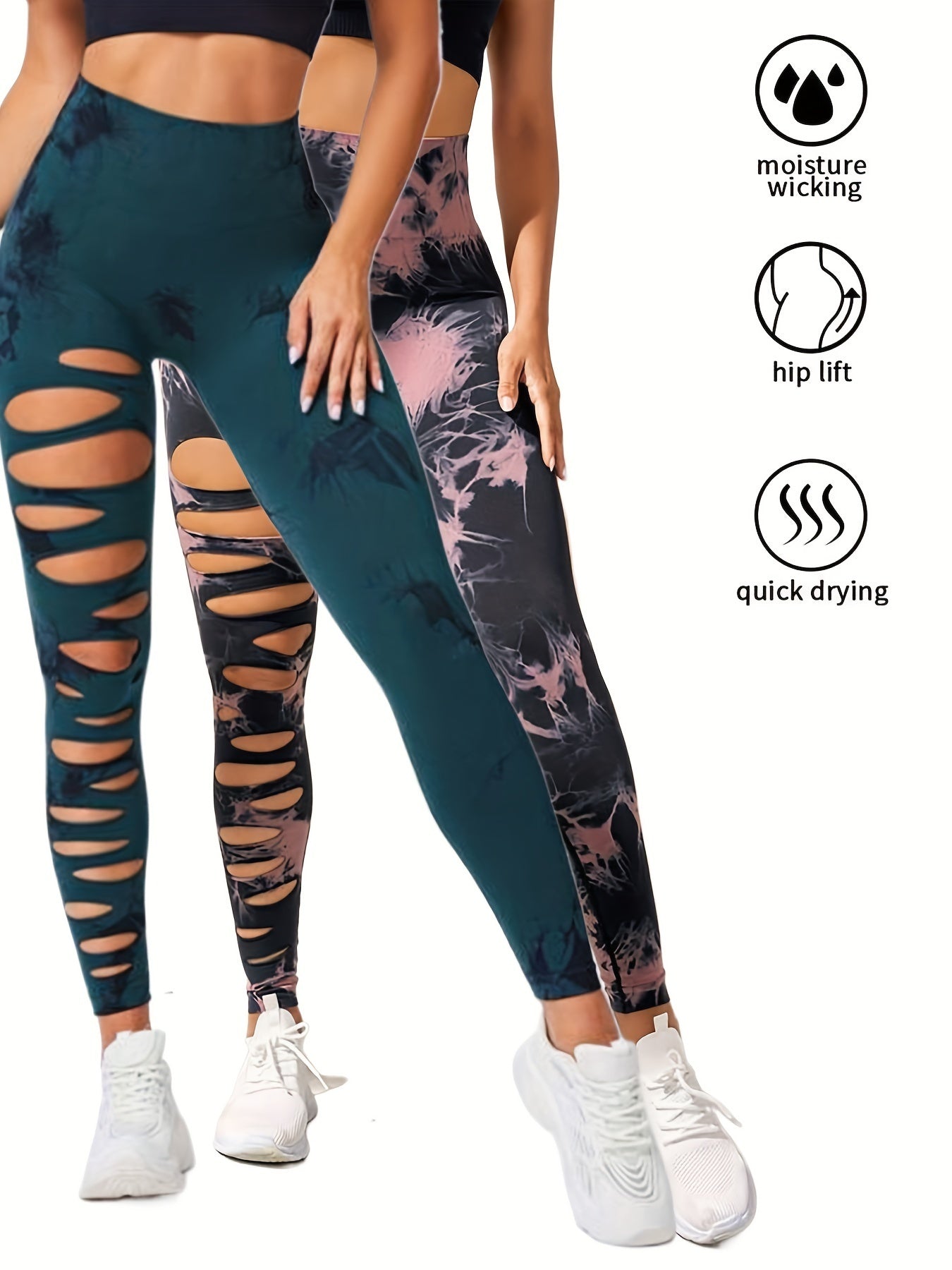 2 Pack Hollow Sexy High Elastic Women's Tie Dye Cutout Tights High Waist Workout Yoga Leggings, Scrunch Butt Lifting Elastic Pants, Tummy Control Butt Lifting Workout Yoga Athletic Pants