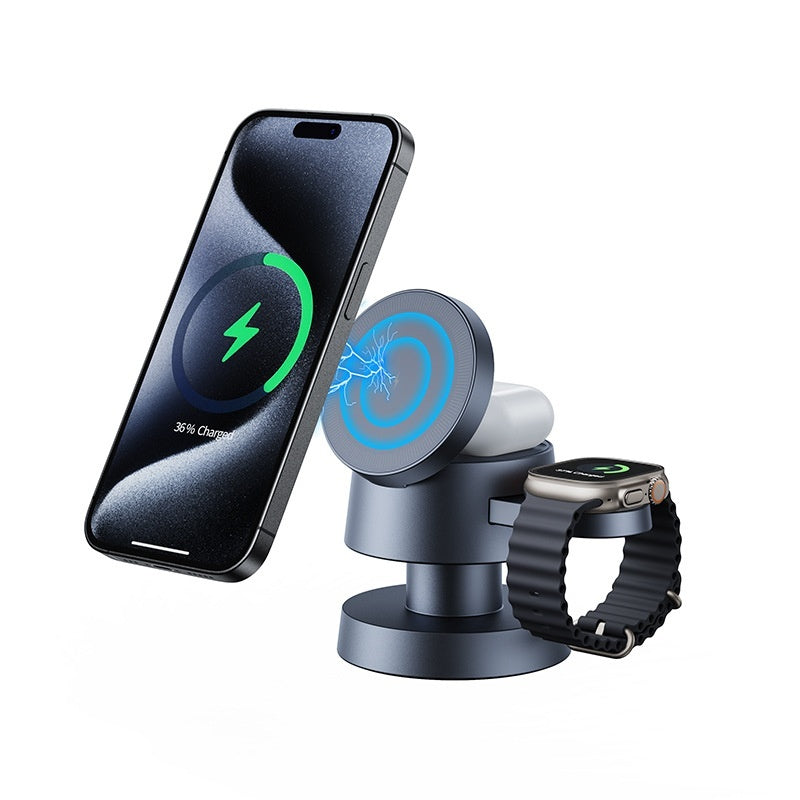 Small Night Lamp Three-in-one Magnetic Wireless Charger - Balochistan LLC  Product information: Color: Picture color Style: Universal Material :ABS metal paint + metal damping bracket + skin sensitive silicone + night light Input :9V2A/ 9V3A Power :5W 17.5W /10W1 15W Product size: Base diameter 72* height 74 Top diameter 58mm Packing list: Cover + product picture UV packaging box + double-folded Chinese and English manual +C-C/1 meter data cable +EVA cotton Product Image: