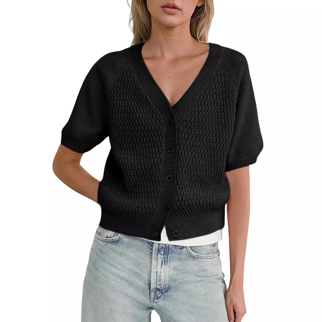 V-neck Hollow Short Button Down Puff Sleeve Shirt - Balochistan LLC 