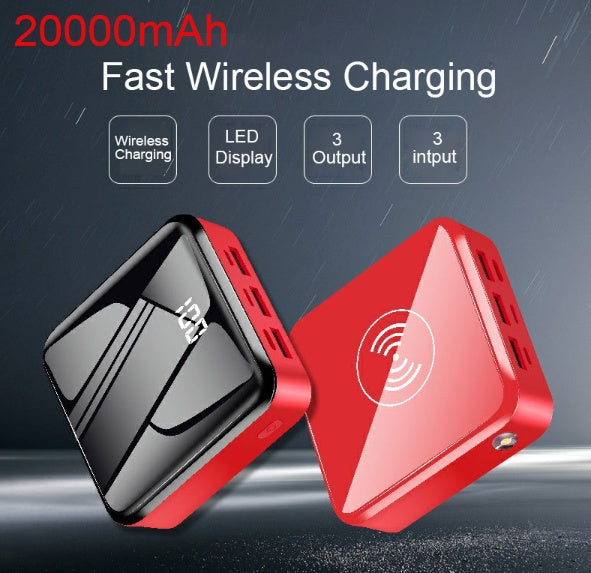 mini Power Bank - Balochistan LLC  Main Features: 100% Brand New and high quality item Larger Capacity will make your phone standby a long time Excellent Design and Support Wireless Charging and USB Charging 3 USB ports, you can charge phones, pads or other small electronic devices simultaneously Specification: - Battery type: Li-polymer battery - Capacity: 20000Mah - Output: DC5V/1A, DC5V/2.1A Packing included: 1 x Power Bank