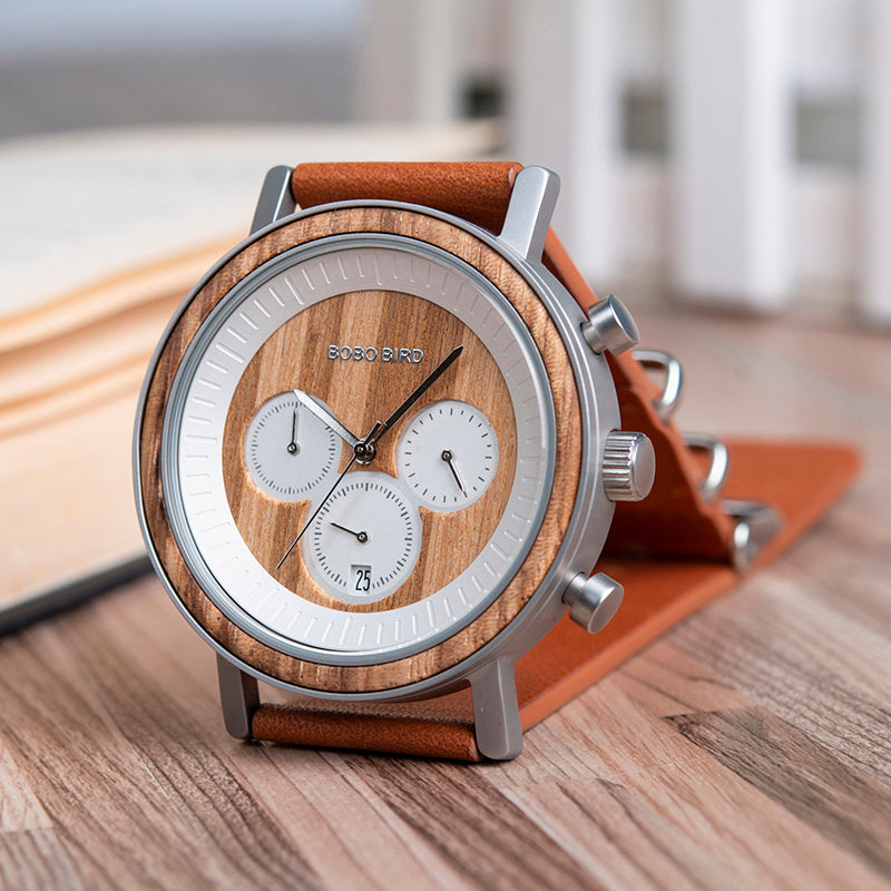 Chronograph Men Watches - Balochistan LLC  Case diameter: 44.3 mm Band width: 22 mm Entire band: 220 mm Movement: Japan Miyota Mirror material: Hardlex Band material: Zebra wood & stainless steel or ebony & stainless steel Case material: Zebra wood or ebony Buckle: Double push clasp