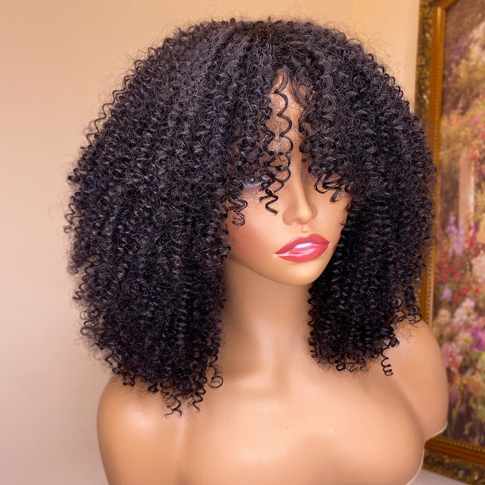 Kinky Curly Human Hair Wigs With Bangs - Balochistan LLC  Product information: Applicable crowd: women Treatment process: mechanism Color; 150%,180% Can I dye it: can I dye it Hair material: human hair Applicable skin color: any skin color Applicable face type: any face type Type of bangs: can be parallel or oblique Efficacy: hairdressing Cosmetic characteristics: hairdressing Wig length: 10inch, 12inch, 14inch, 16inch, 18inch, 20inch, 22inch, 24inch, 26inch, 28inch, 30inch Packing list: Wig head cover X1