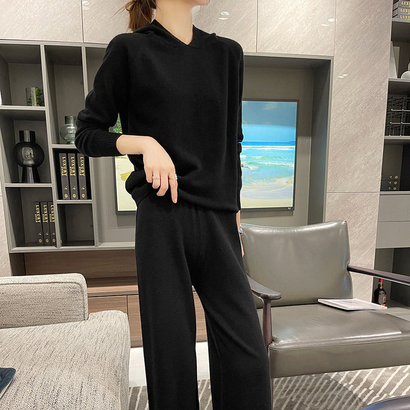 New Fashion Hooded Loose Top Knitted Wide Leg Pants