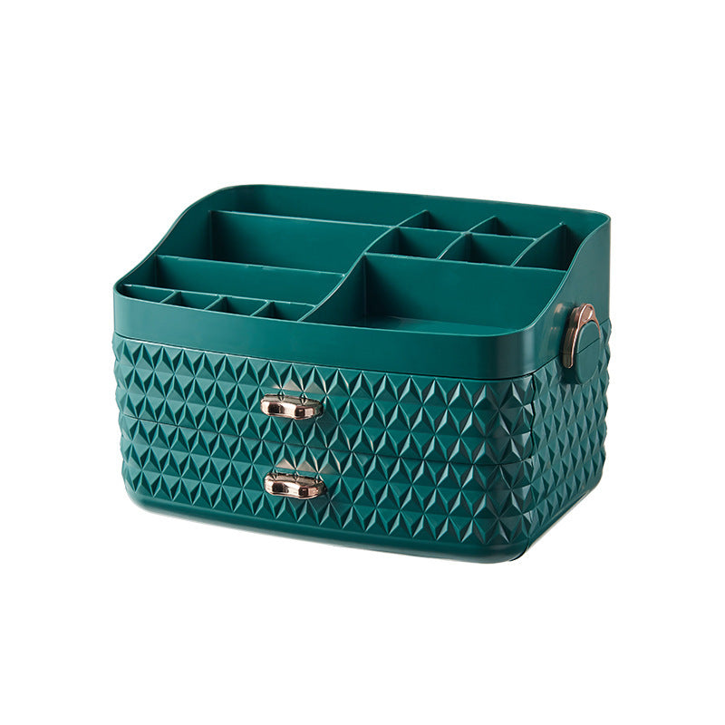 Desktop dustproof cosmetics storage box - Balochistan LLC  Product category: cosmetic storage box Product color: Peacock Green / Girl Pink Product features: multi-layer storage, large capacity Product material: ABS is preferred