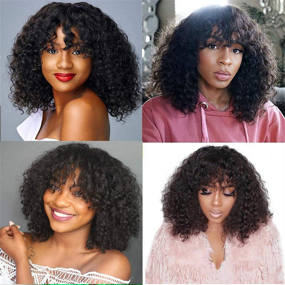 Kinky Curly Human Hair Wigs With Bangs - Balochistan LLC  Product information: Applicable crowd: women Treatment process: mechanism Color; 150%,180% Can I dye it: can I dye it Hair material: human hair Applicable skin color: any skin color Applicable face type: any face type Type of bangs: can be parallel or oblique Efficacy: hairdressing Cosmetic characteristics: hairdressing Wig length: 10inch, 12inch, 14inch, 16inch, 18inch, 20inch, 22inch, 24inch, 26inch, 28inch, 30inch Packing list: Wig head cover X1