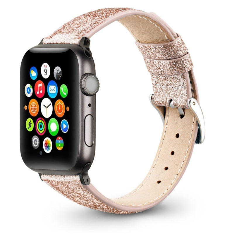 Compatible with Apple , Watch Strap Leather Glitter Leather Strap - Balochistan LLC  Note： Non-Apple branded products,Compatible with iPhone models Product information: Material: Leather Color: flashing black, flashing blue, flashing gold, flashing pink, flashing silver gray Size: 38/40mm, 42/44mm Weight: 20g/25g Packing list: Watch strap*1