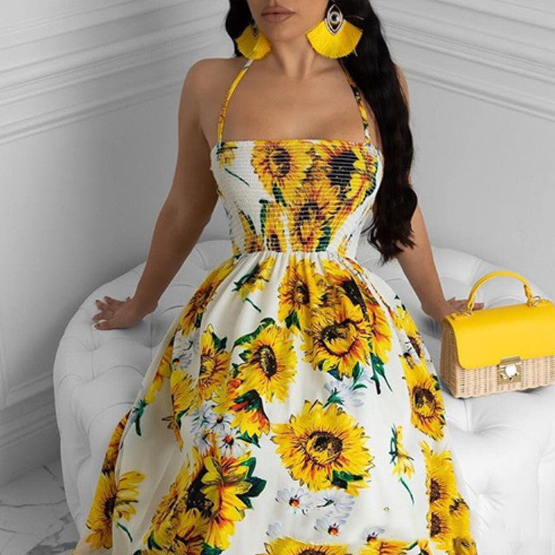 Sunflower print long holiday dress