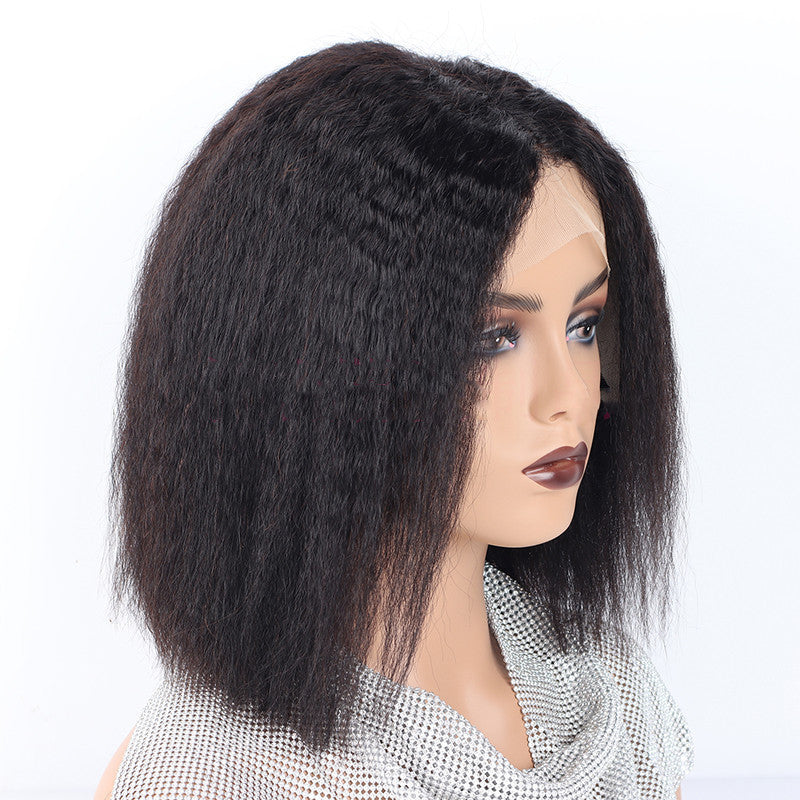 Kinky Straight Front Human Hair wigs - Balochistan LLC  Product information: Style: Star fashion Model: Bobo lace wig Applicable people: Ladies Treatment process: Semi-mechanical and semi-hand woven Wig length: Long hair Can it be dyed and ironed: It can be dyed Hair material: Real hair Applicable skin tone: Any skin tone Applicable face shape: Any face shape Bangs type: Can be slanted