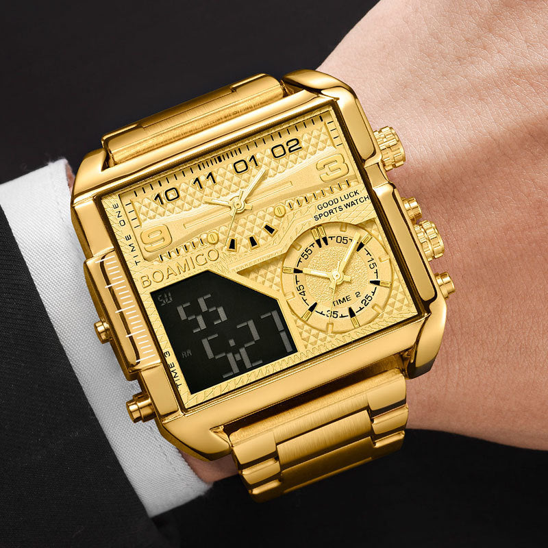 BOAMIGO New Top Brand Luxury Fashion Men Watches Gold Stainless Steel Sport Square Digital Analog Big Quartz Watch for Men - Balochistan LLC 