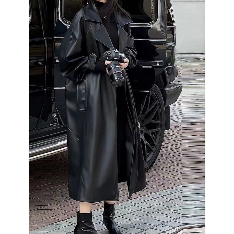 Women's Fashion Temperament Long Below The Knee Leather Coat - Balochistan LLC  Product information: Color: Black Size: S [40.00kg-57.50kg],M [57.50kg-70.00kg],L [70.00kg-80.00kg],XL [80.00kg-92.50kg]] With fur collar or not: no fur collar Leather classification: Leather Fabric name: artificial fur Main fabric composition: pu Applicable Gender: Female Style: British style Packing list: Leather Coat*1 Product Image: