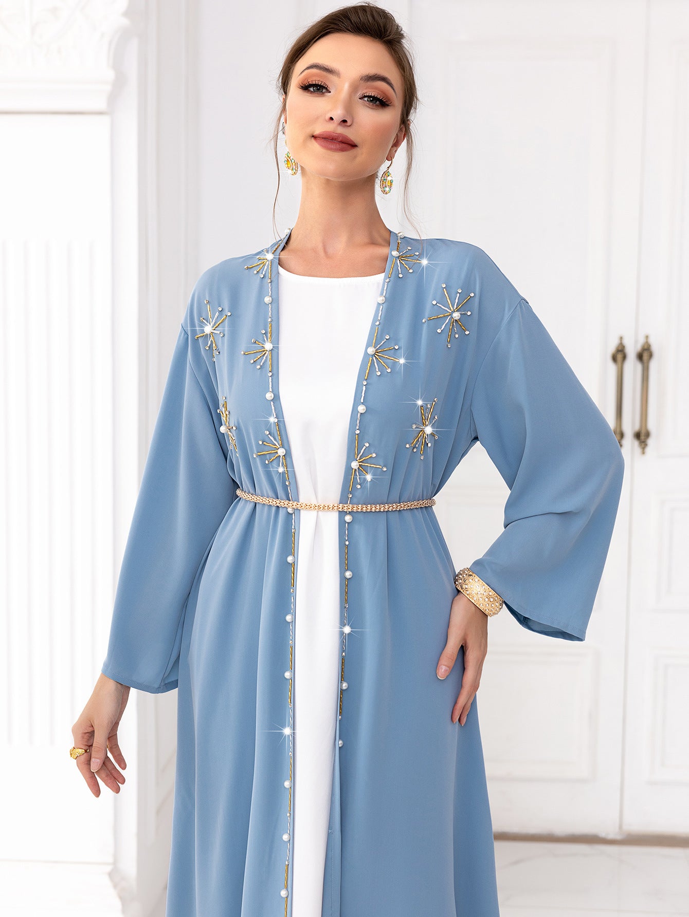 Arabic Cardigan Outer Wear Hand-stitched Diamond Travel Holiday Long Gown