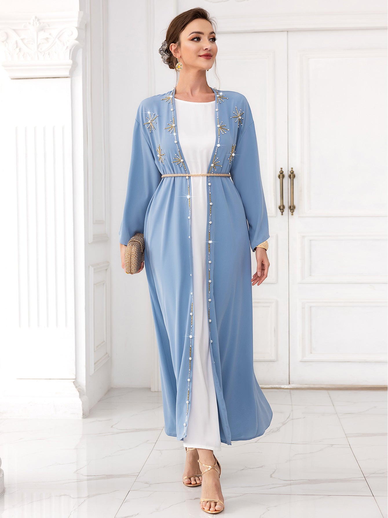 Arabic Cardigan Outer Wear Hand-stitched Diamond Travel Holiday Long Gown