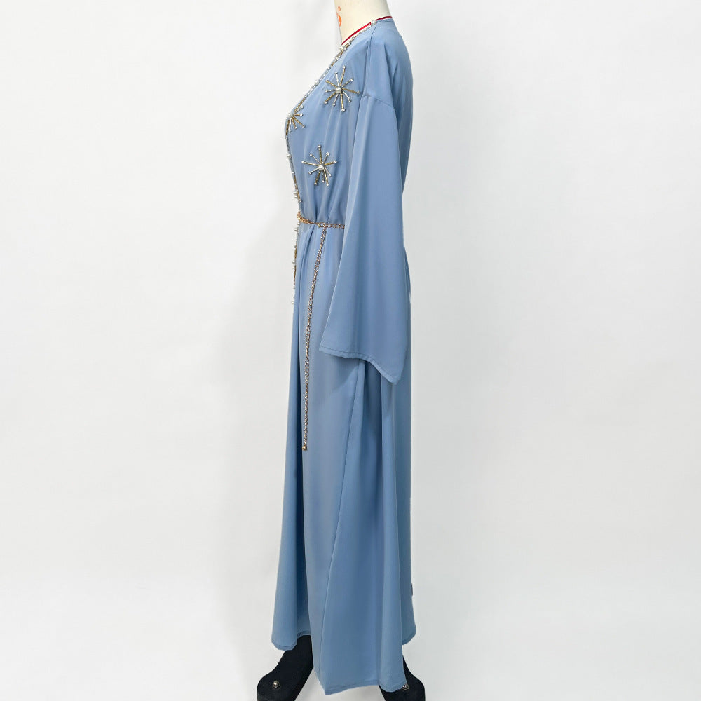 Arabic Cardigan Outer Wear Hand-stitched Diamond Travel Holiday Long Gown