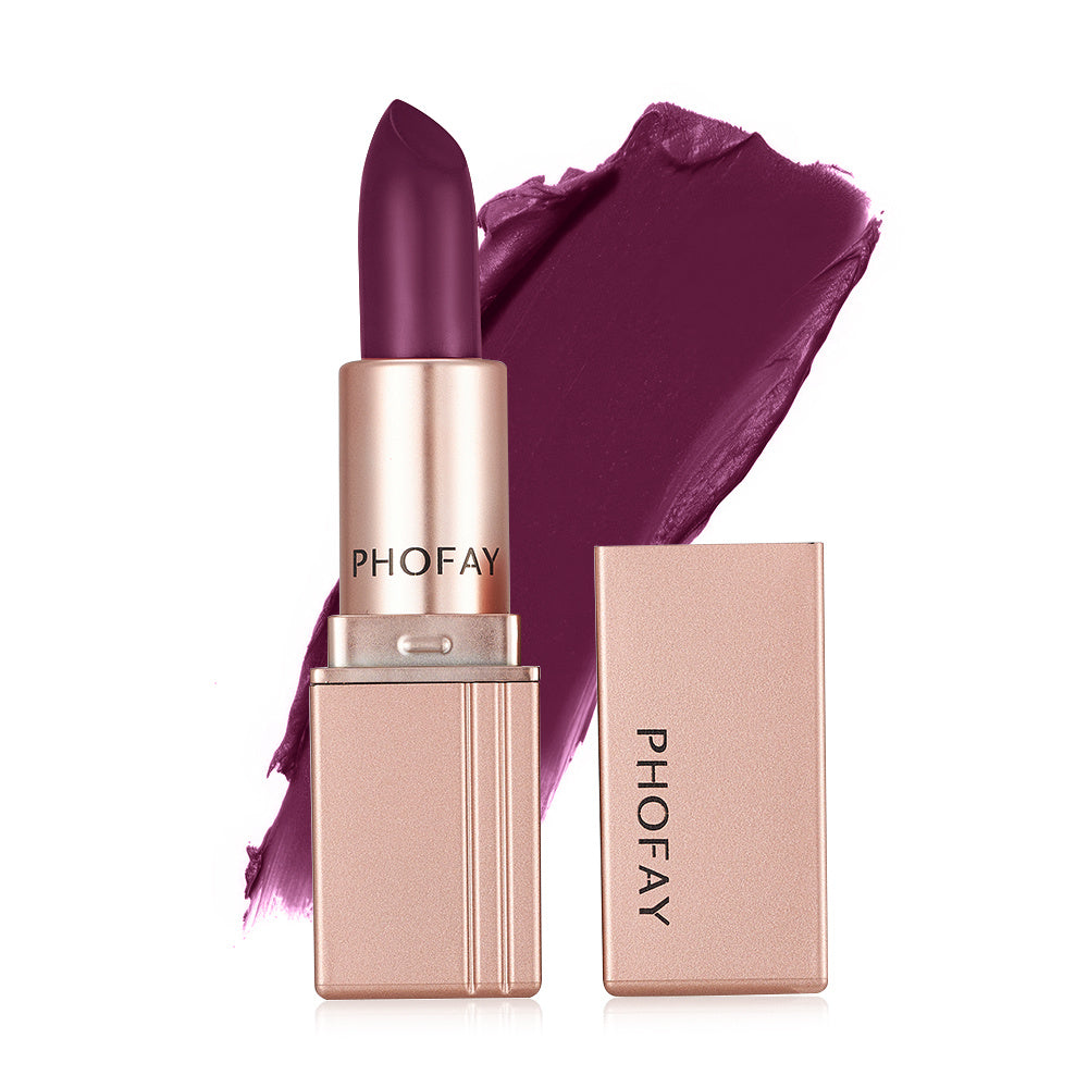 PHOFAY Matte Lipstick - Balochistan LLC  Net Weight: 3.5g Functions: Long-lasting, Waterproof SUGGESTED USAGE: Apply directly to clean and dry lips, moving back and forth to evenly distribute the color for charming lips.