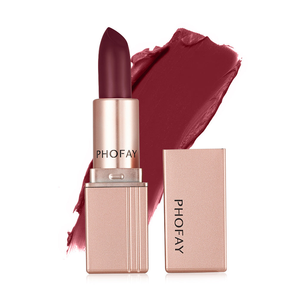 PHOFAY Matte Lipstick - Balochistan LLC  Net Weight: 3.5g Functions: Long-lasting, Waterproof SUGGESTED USAGE: Apply directly to clean and dry lips, moving back and forth to evenly distribute the color for charming lips.