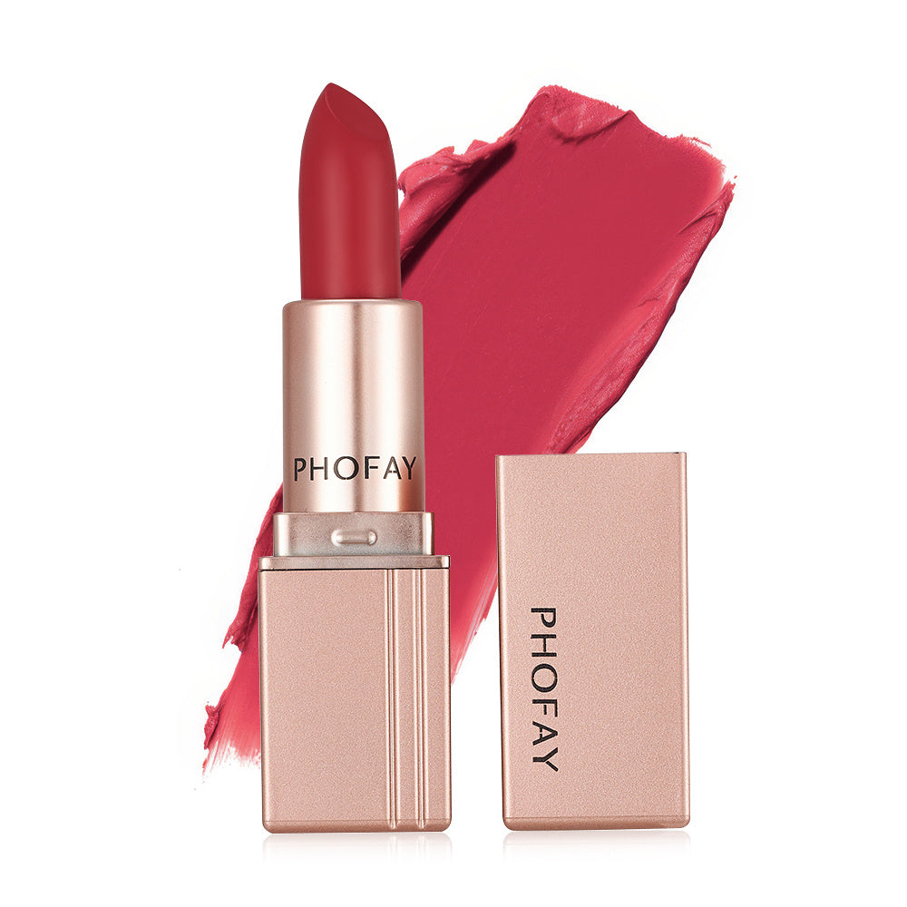 PHOFAY Matte Lipstick - Balochistan LLC  Net Weight: 3.5g Functions: Long-lasting, Waterproof SUGGESTED USAGE: Apply directly to clean and dry lips, moving back and forth to evenly distribute the color for charming lips.