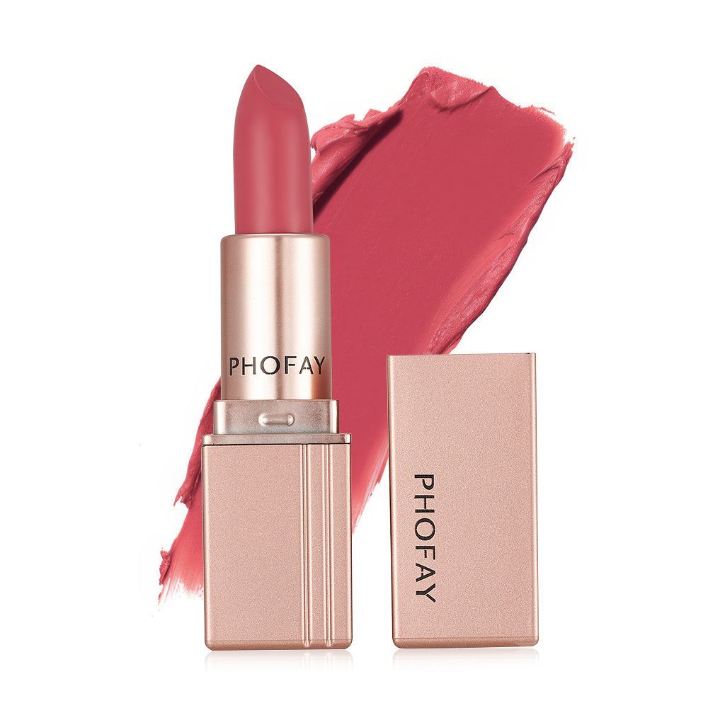 PHOFAY Matte Lipstick - Balochistan LLC  Net Weight: 3.5g Functions: Long-lasting, Waterproof SUGGESTED USAGE: Apply directly to clean and dry lips, moving back and forth to evenly distribute the color for charming lips.