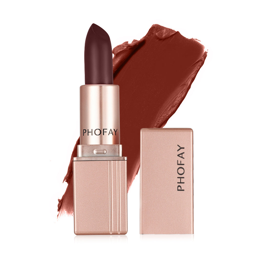 PHOFAY Matte Lipstick - Balochistan LLC  Net Weight: 3.5g Functions: Long-lasting, Waterproof SUGGESTED USAGE: Apply directly to clean and dry lips, moving back and forth to evenly distribute the color for charming lips.