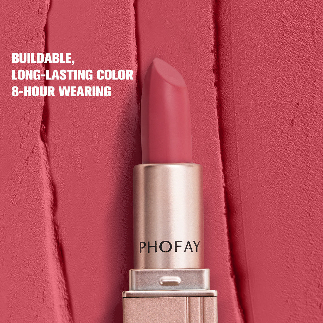 PHOFAY Matte Lipstick - Balochistan LLC  Net Weight: 3.5g Functions: Long-lasting, Waterproof SUGGESTED USAGE: Apply directly to clean and dry lips, moving back and forth to evenly distribute the color for charming lips.