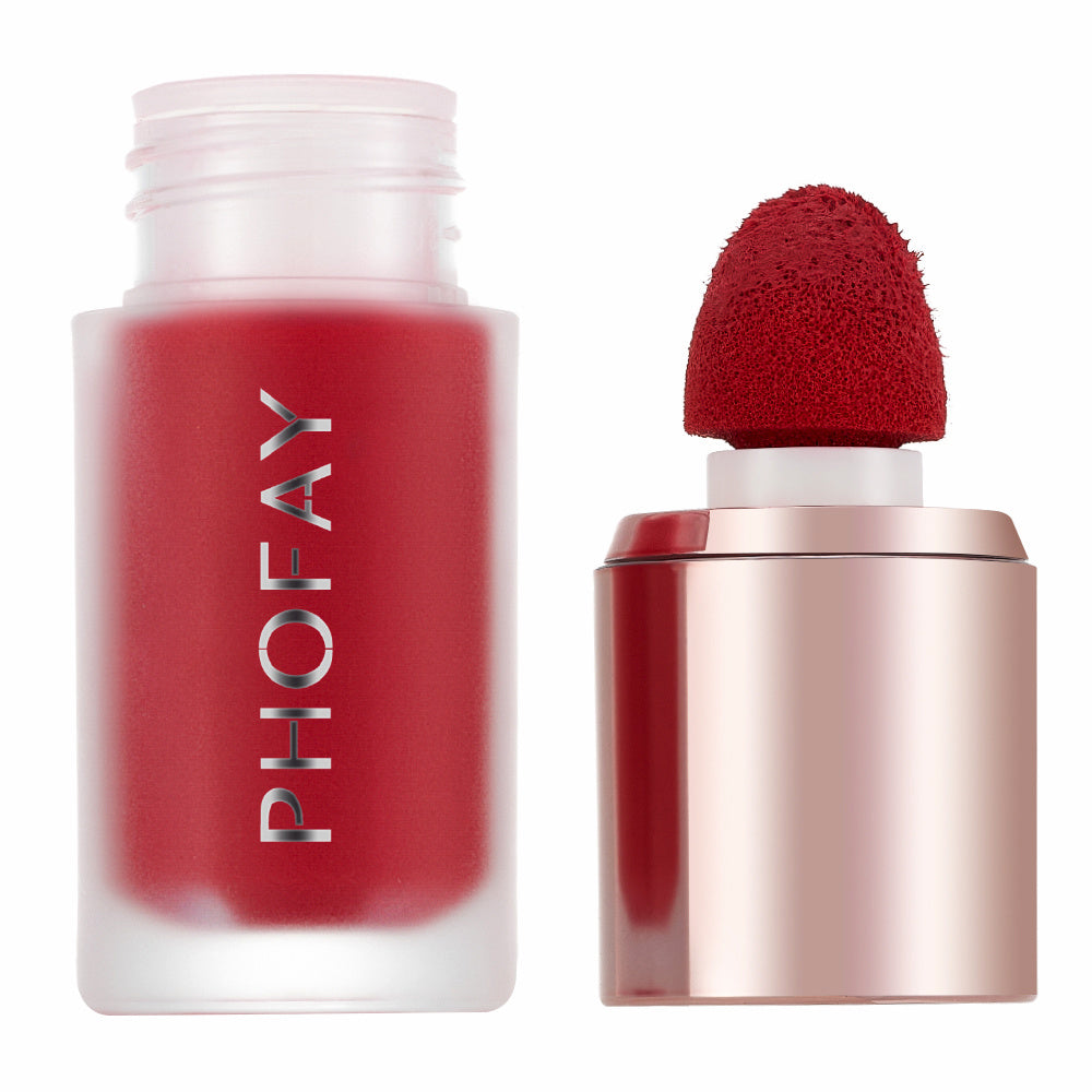 PHOFAY Mousse Liquid Blush - Balochistan LLC  Net Weight: 4.8 ML Functions: Matte, Long-lasting, Non-fading, Non-greasy SUGGESTED USAGE: Simply dip the sponge applicator into the product, dab onto the cheekbones and other sun-kissable areas and blend with fingers or a brush for a seamless, streak-free finish!