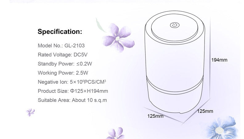 USB desktop desktop air freshener - Balochistan LLC  Technical Parameters: Working voltage: USB DC5V Ozone concentration: none Anion concentration: 5 million Power: 2W USB cable length: 1.5m Applicable space: <15 square meters Product color: white Product size: Φ125 * H194mm Product net weight: 0.55kg Packing box size: 150 × 150 × 235mm