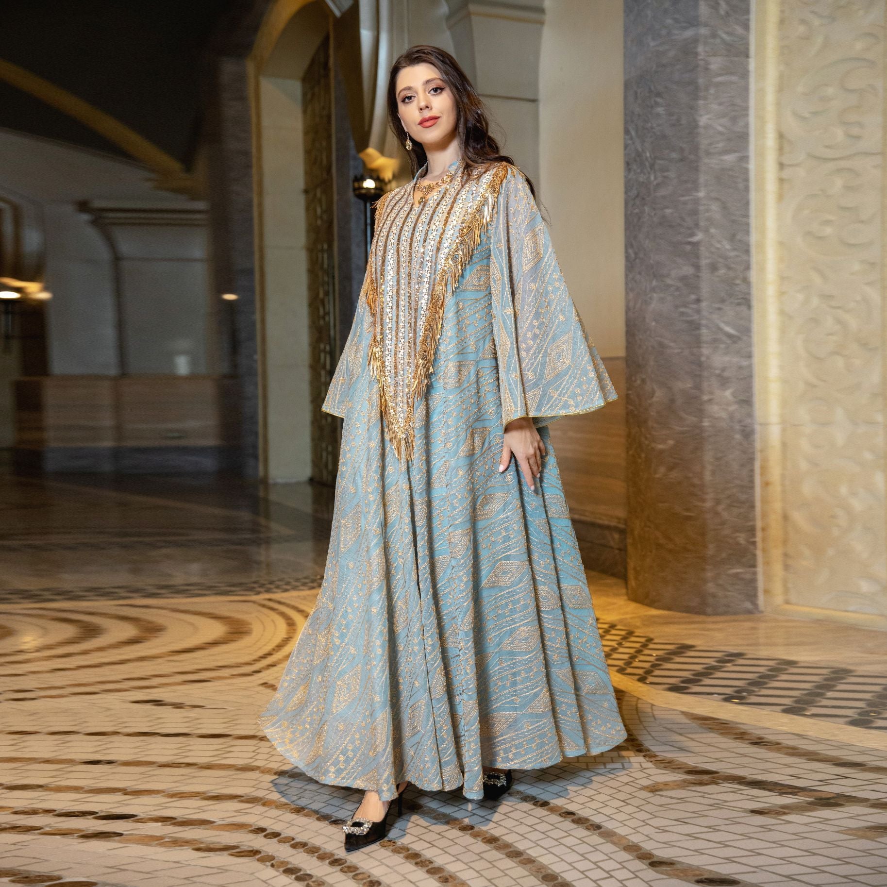 Festival Evening Dress Arabic Dubai Mesh Embroidered Sequins Robe Middle East - Balochistan LLC  Product information: Color classification: white, light green Size: M,L,2XL,S,XL Material composition: 50% new polyester fiber Packing list: Dress ×1 Product Image: