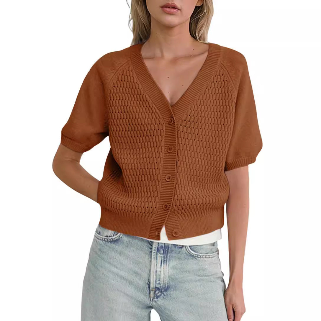 V-neck Hollow Short Button Down Puff Sleeve Shirt - Balochistan LLC 