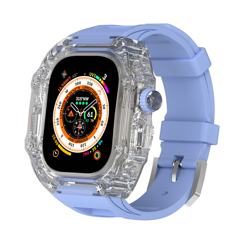 Transparent Case Fluororubber Strap Protective Case - Balochistan LLC  Note：Non-Apple brand products,Applicable to iWatch models. Product information: For: Apple Watch 49mm Strap Material: Fluoroelastomer Size: Ultra 49mm Packing: Box packing Body size: 60*61mm Strap size: max 8.8 in min 6.7 in Body thickness: 18mm Packing list： Strap*1 Watch case*1