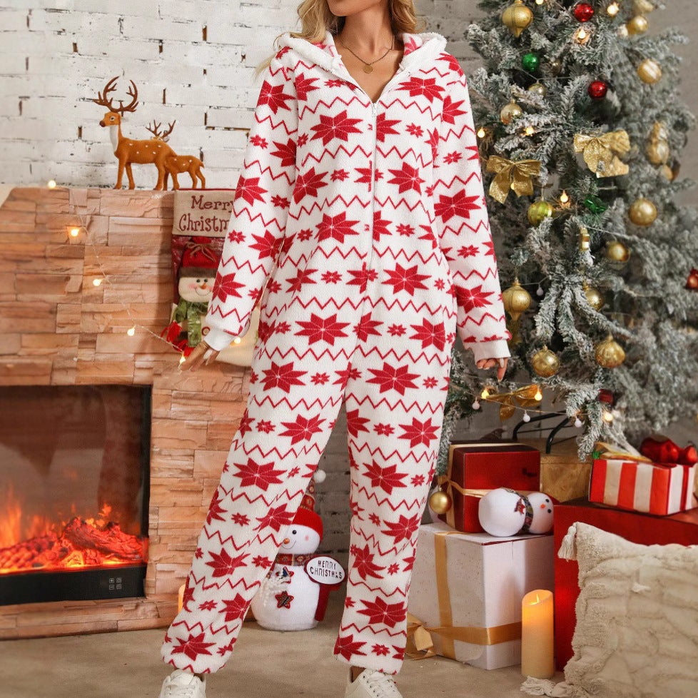 Loose Long Sleeve Trousers Christmas Printed Plush Jumpsuit Suit