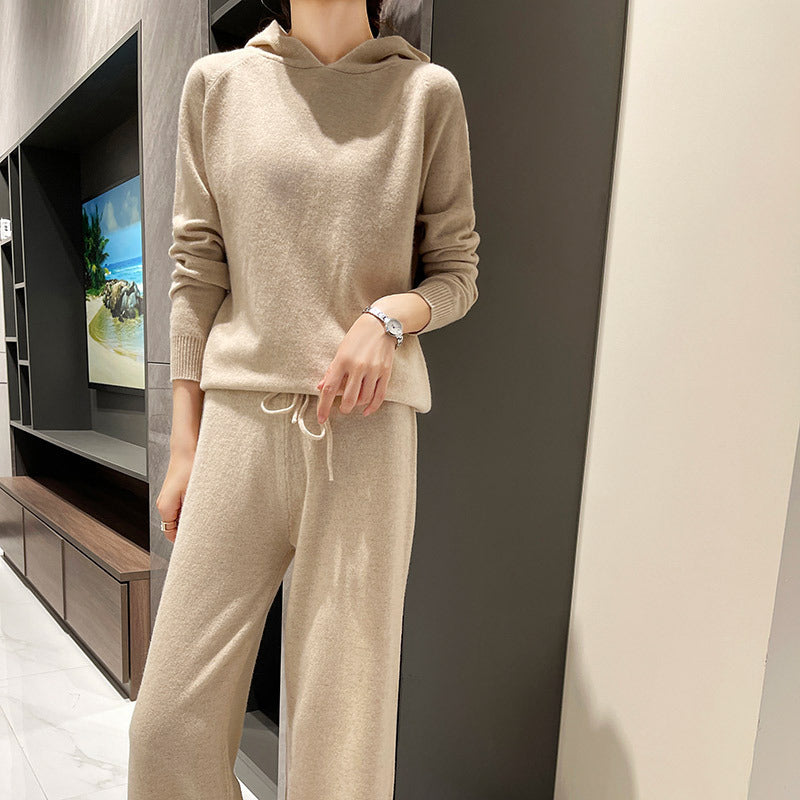 New Fashion Hooded Loose Top Knitted Wide Leg Pants