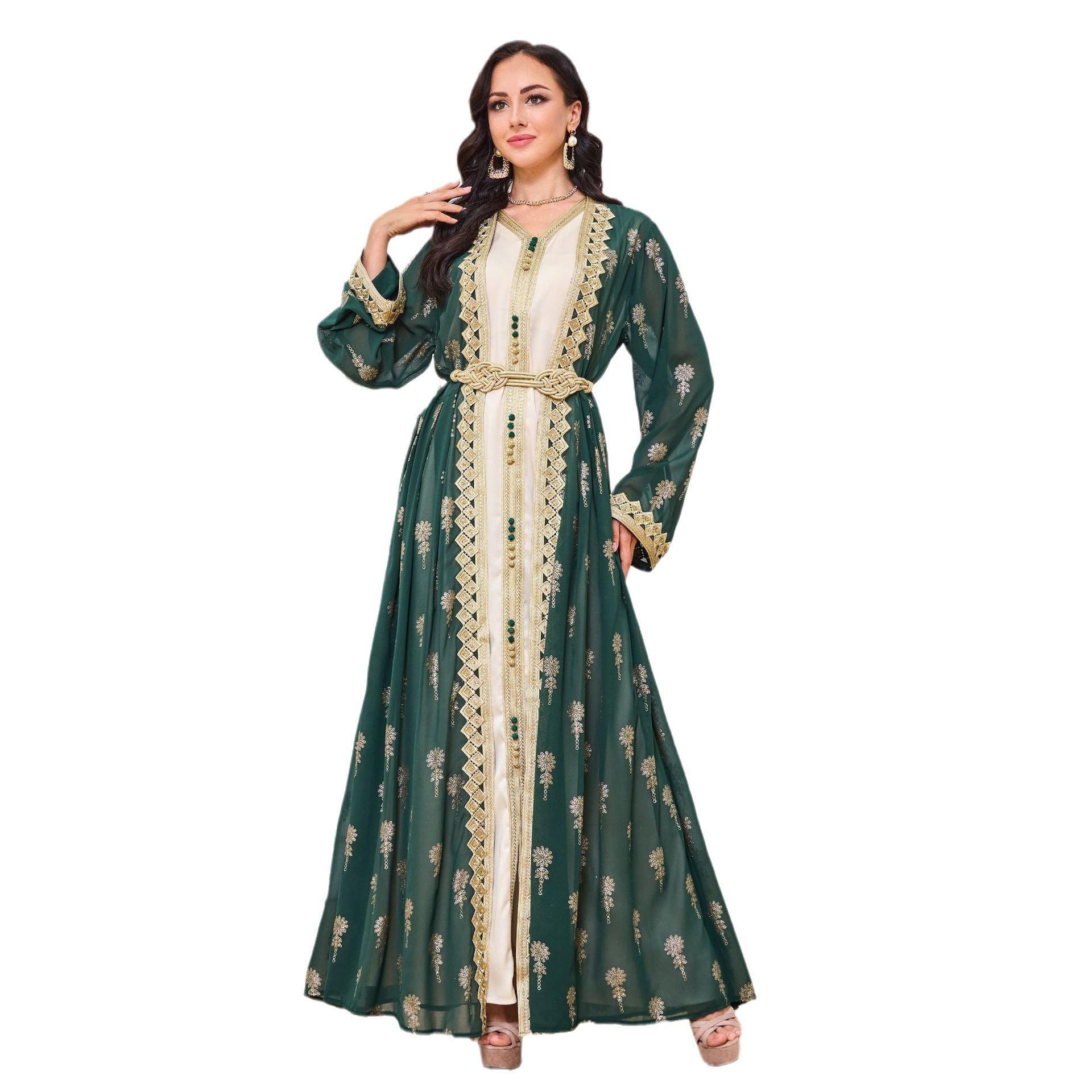 Women's Arabic Embroidered Cardigan Vest Two-piece Set Dress