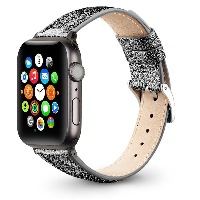 Compatible with Apple , Watch Strap Leather Glitter Leather Strap - Balochistan LLC  Note： Non-Apple branded products,Compatible with iPhone models Product information: Material: Leather Color: flashing black, flashing blue, flashing gold, flashing pink, flashing silver gray Size: 38/40mm, 42/44mm Weight: 20g/25g Packing list: Watch strap*1