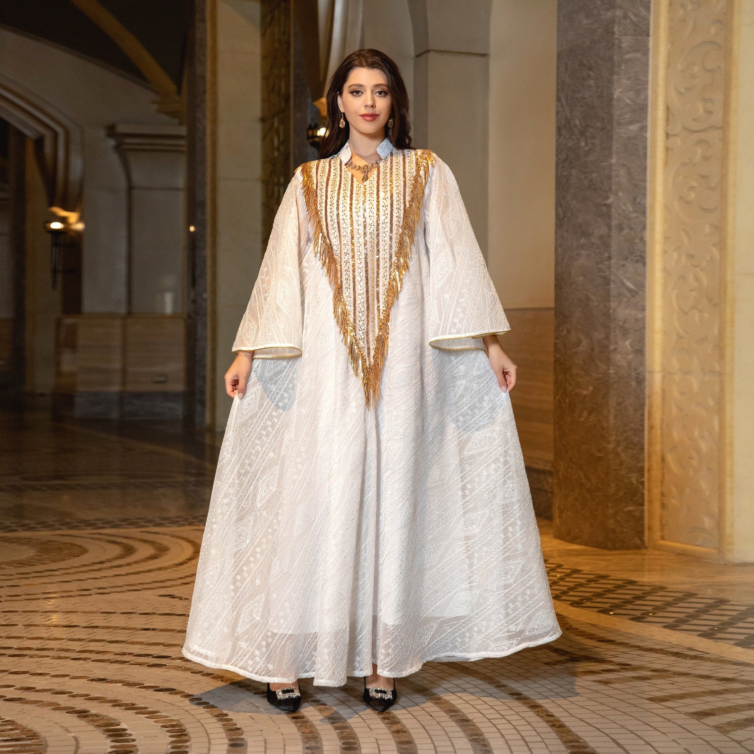 Festival Evening Dress Arabic Dubai Mesh Embroidered Sequins Robe Middle East - Balochistan LLC  Product information: Color classification: white, light green Size: M,L,2XL,S,XL Material composition: 50% new polyester fiber Packing list: Dress ×1 Product Image: