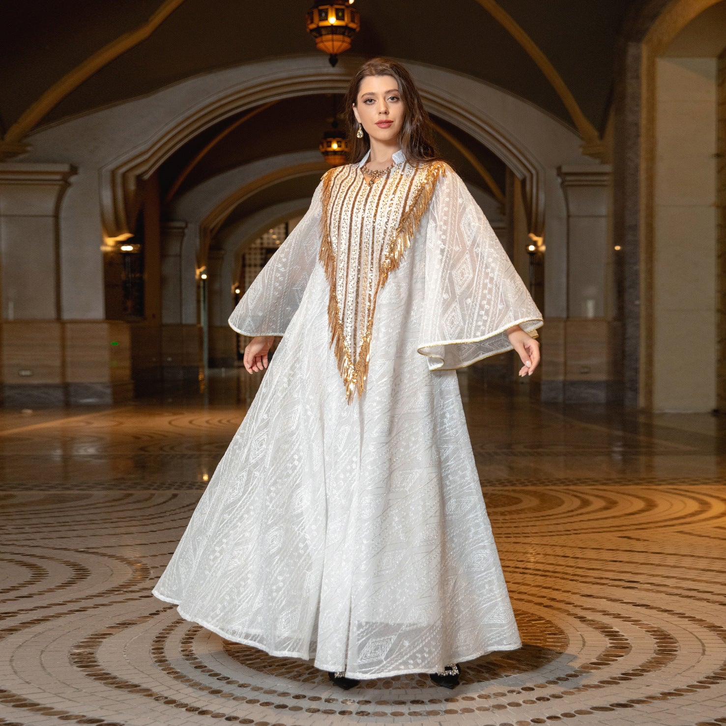 Festival Evening Dress Arabic Dubai Mesh Embroidered Sequins Robe Middle East - Balochistan LLC  Product information: Color classification: white, light green Size: M,L,2XL,S,XL Material composition: 50% new polyester fiber Packing list: Dress ×1 Product Image: