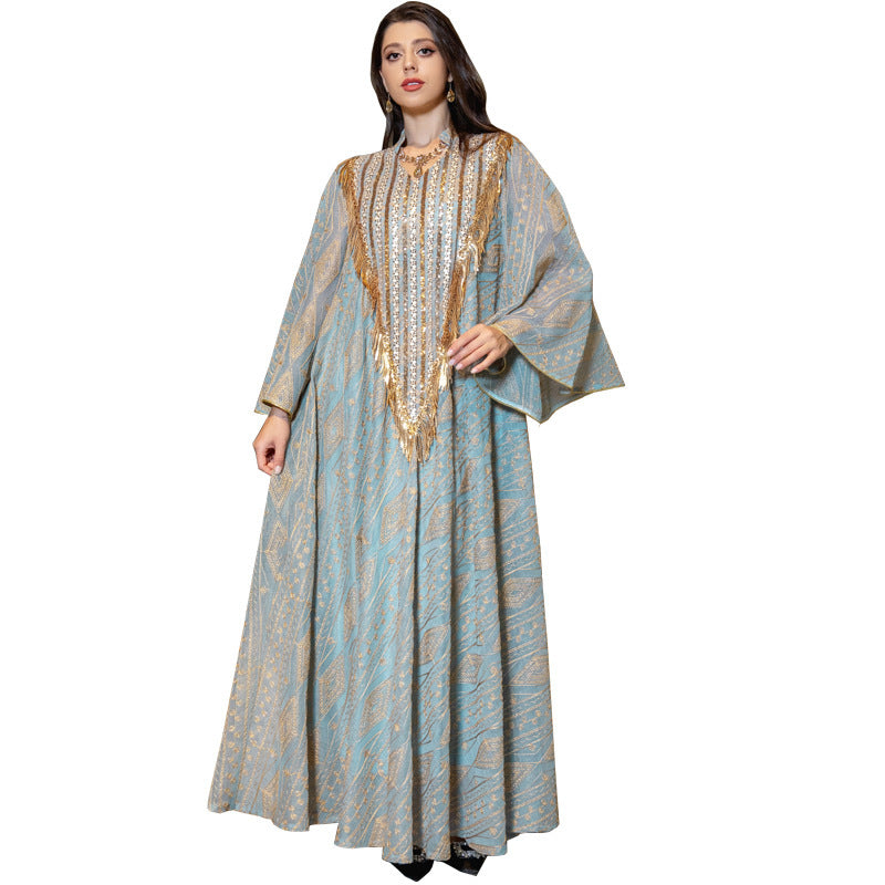 Festival Evening Dress Arabic Dubai Mesh Embroidered Sequins Robe Middle East - Balochistan LLC  Product information: Color classification: white, light green Size: M,L,2XL,S,XL Material composition: 50% new polyester fiber Packing list: Dress ×1 Product Image: