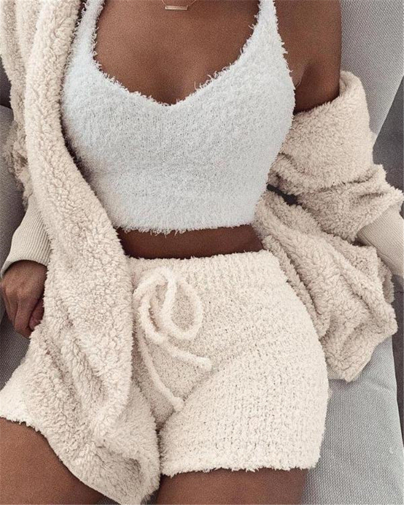 3pcs Womens Clothing Long Sleeve Crop Tank Top And Drawstring Shorts Pajama Set - Balochistan LLC 