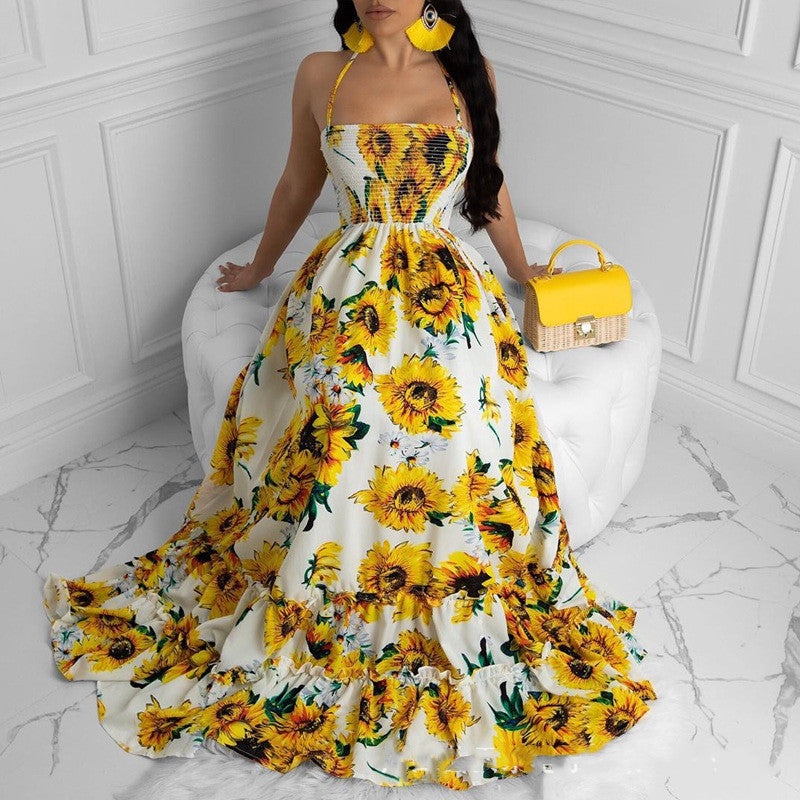 Sunflower print long holiday dress