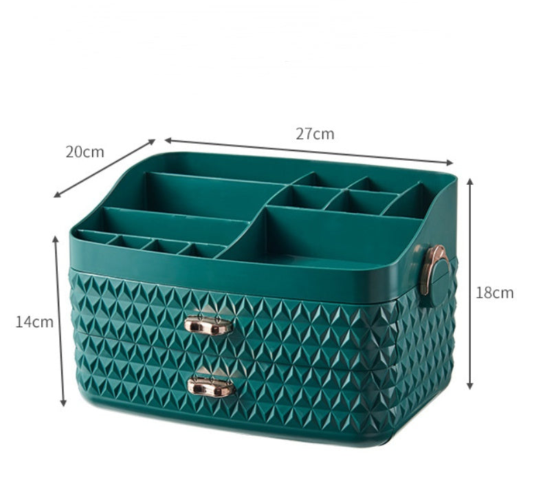 Desktop dustproof cosmetics storage box - Balochistan LLC  Product category: cosmetic storage box Product color: Peacock Green / Girl Pink Product features: multi-layer storage, large capacity Product material: ABS is preferred