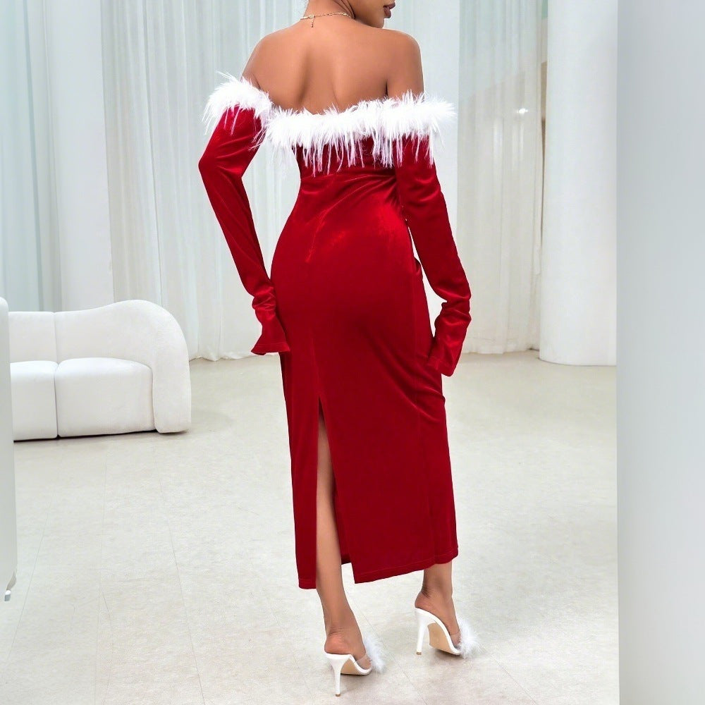 Sexy Fur Off-the-shoulder Christmas Red Dress