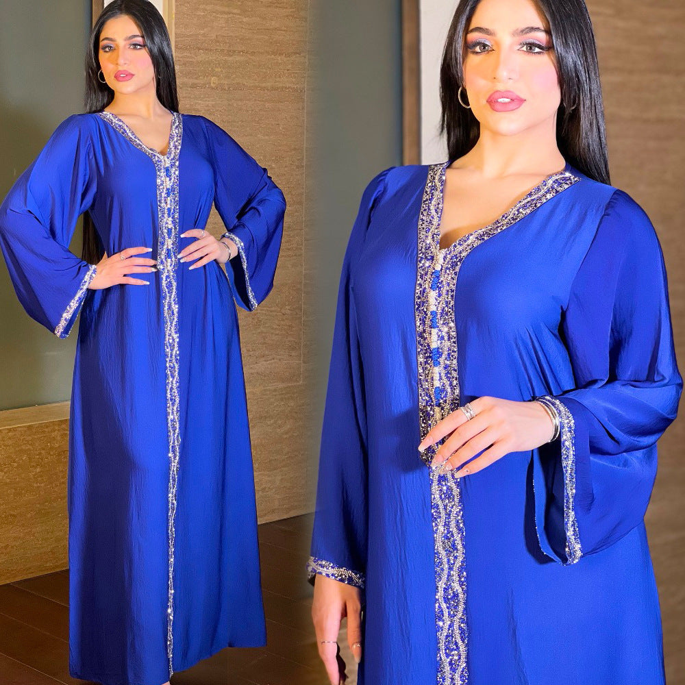 Women's Blue Hot Diamond Dress Arab Dubai Robe