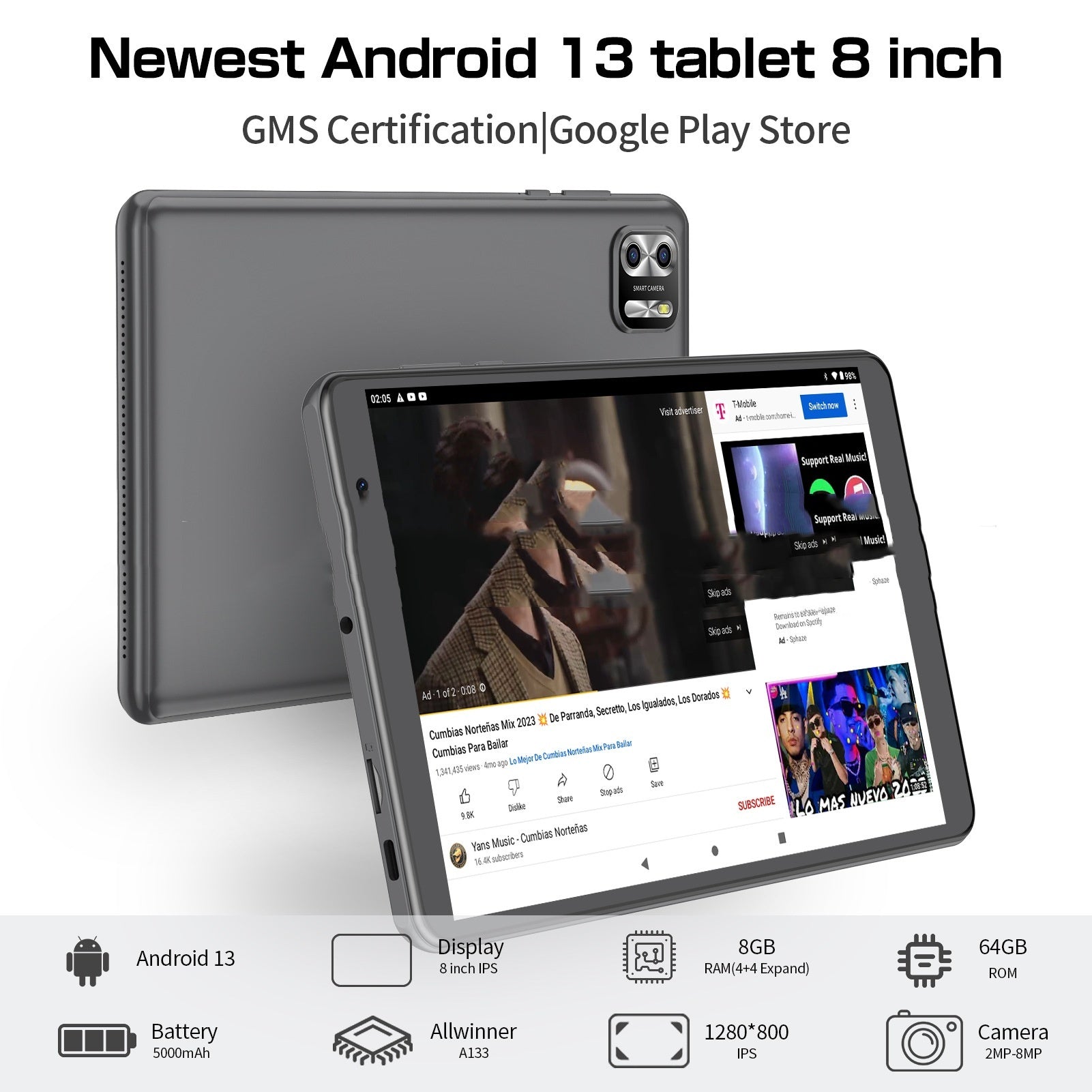 8-inch Eight-core Tablet PC Android 13 System 64g Large Capacity - Balochistan LLC  Product information: Color: gray, blue, pink Screen size: 8 inches Additional features: support Bluetooth, GPS navigation, gravity sensing, IPS screen Product Size: 21.2*12.5 * 0.6cm Battery life: 7-9 hours Processor core: eight cores Hard disk capacity: 64GB Packing list: 1* Tablet PC Product Image: