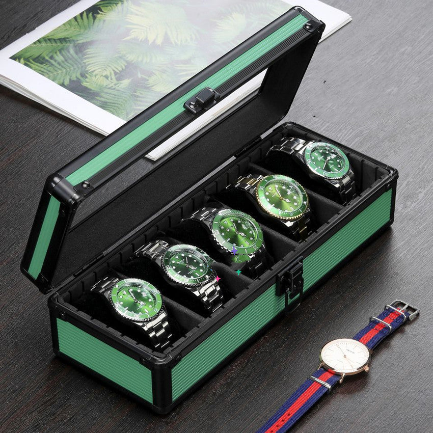 Green Aluminum Alloy 5 Grid Top Cover Transparent Watch Storage Box - Balochistan LLC  Product information: Product size: 290x110x85mm Color: green Material: aluminum alloy Product description: Rounded corners, upper cover glass, can hold five watches, the partition inside can be moved at will, and other storage items can be placed Packing list: Storage Box*1