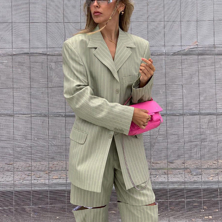 Striped Loose Suit & High Waist Pants Suit