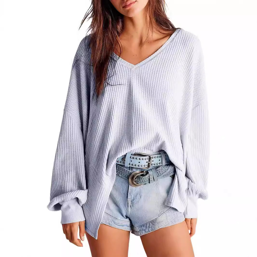 Women's Waffle Knit Blouse Lantern Sleeve Casual Shirt - Balochistan LLC 