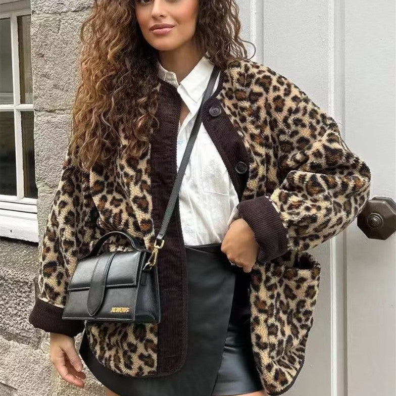 Women's Winter Leopard Print Casual Loose Jacket - Balochistan LLC 