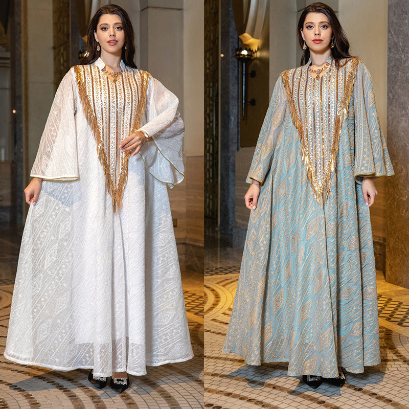 Festival Evening Dress Arabic Dubai Mesh Embroidered Sequins Robe Middle East - Balochistan LLC  Product information: Color classification: white, light green Size: M,L,2XL,S,XL Material composition: 50% new polyester fiber Packing list: Dress ×1 Product Image: