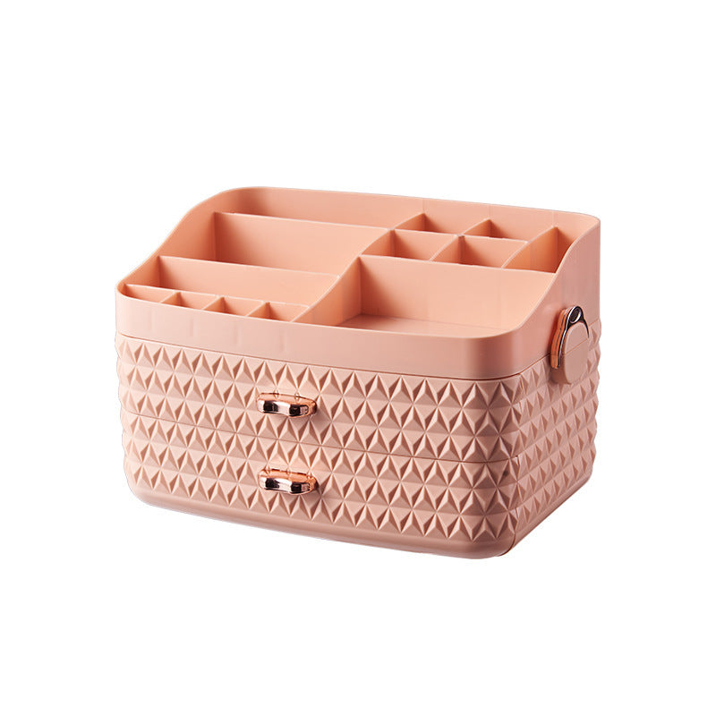 Desktop dustproof cosmetics storage box - Balochistan LLC  Product category: cosmetic storage box Product color: Peacock Green / Girl Pink Product features: multi-layer storage, large capacity Product material: ABS is preferred